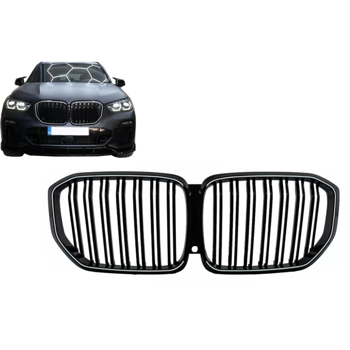 LED Central Kidney Grilles suitable for BMW X5 G05 (2018-2022) Double Stripe Piano Black