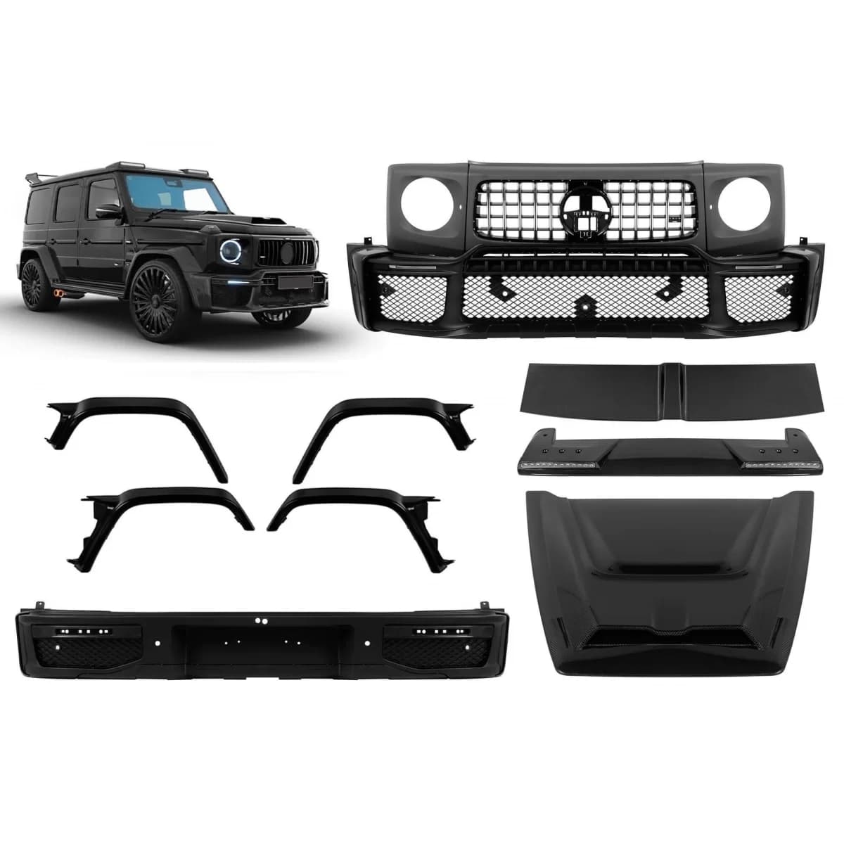 Tuning kit BRBS type suitable for Mercedes G-Class W464 2018-2023 with carbon fiber add-ons and spoilers