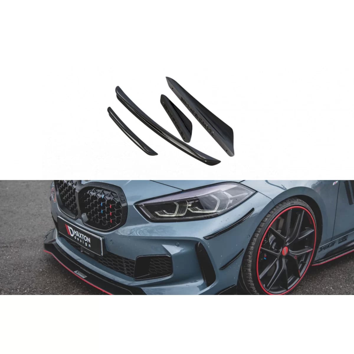 Maxton Design side add-ons suitable for front M Technik, M135i bumper for BMW 1 Series F40 after 2019, black lacquer