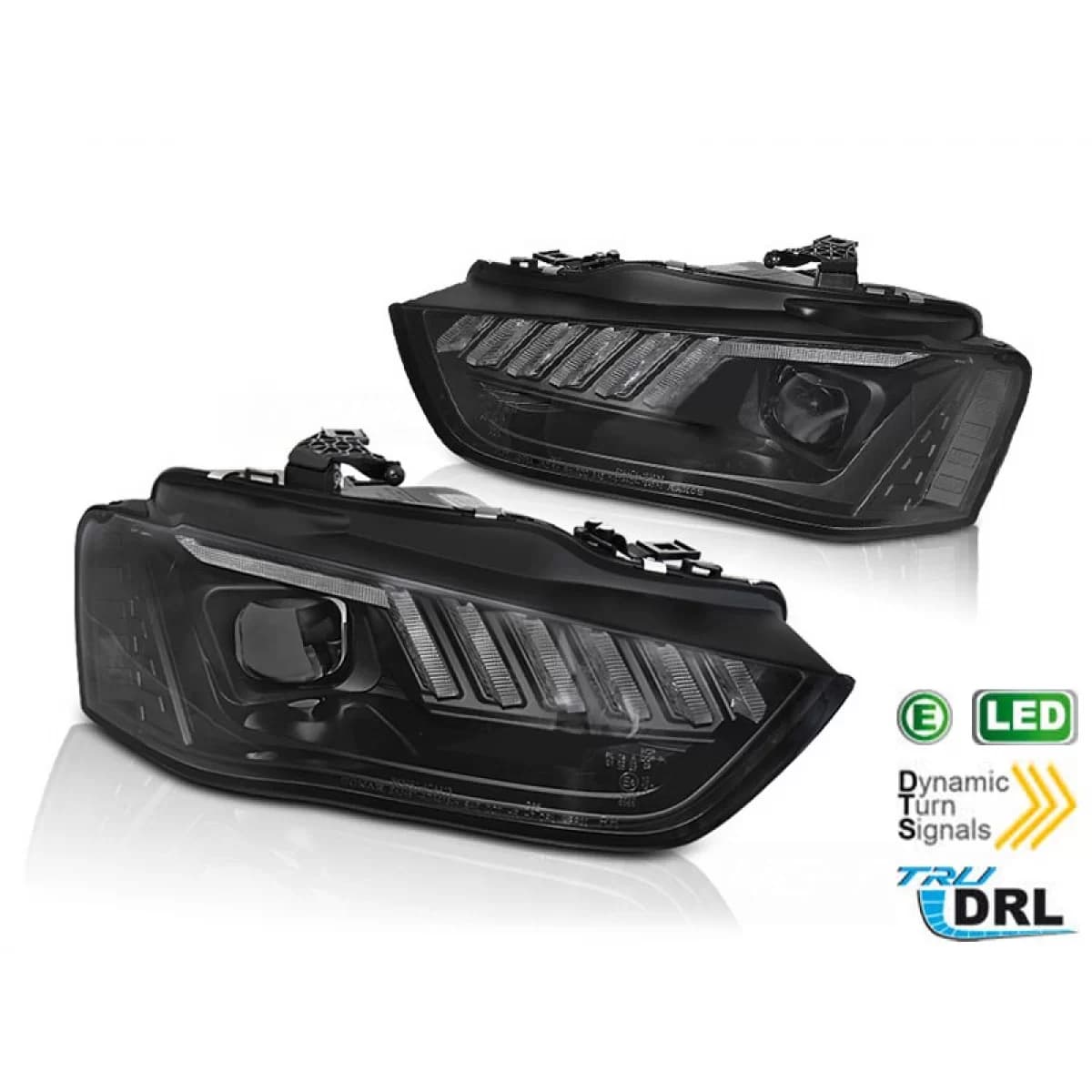 LED headlight set suitable for Audi A4 B8 2012-2015 with dynamic turn signal for the model with factory halogen headlights, black base, left and right