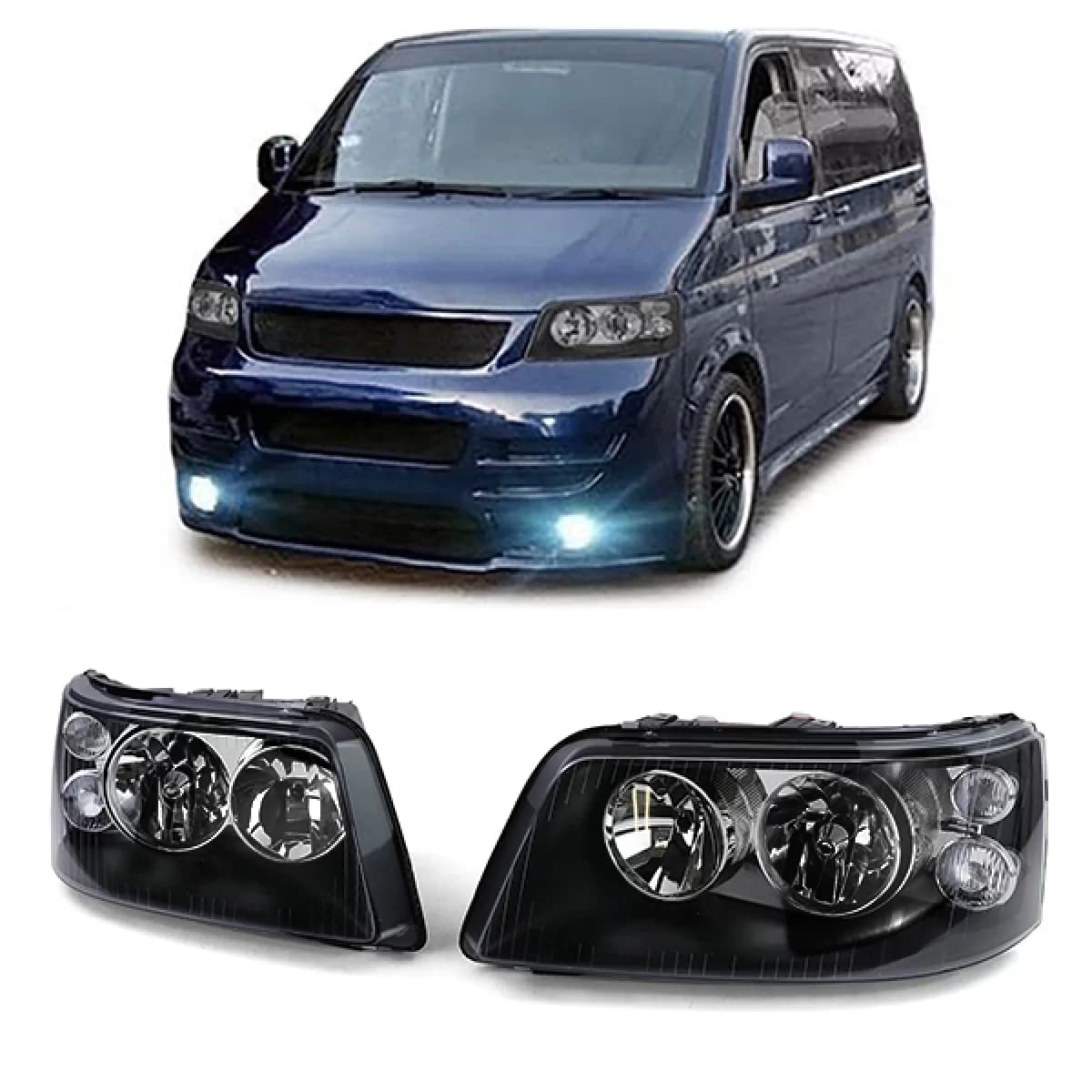 Clear glass H7 H1 headlights black with LWR motor pair for VW Bus T5 03-09