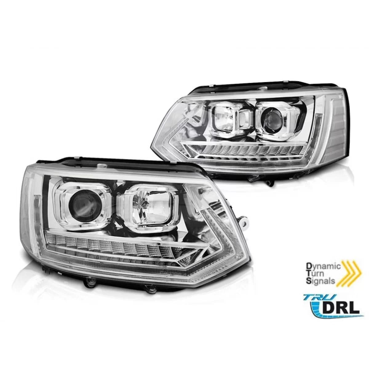 Tuning headlight set suitable for VW T5 2010-2015 with chrome base, left and right
