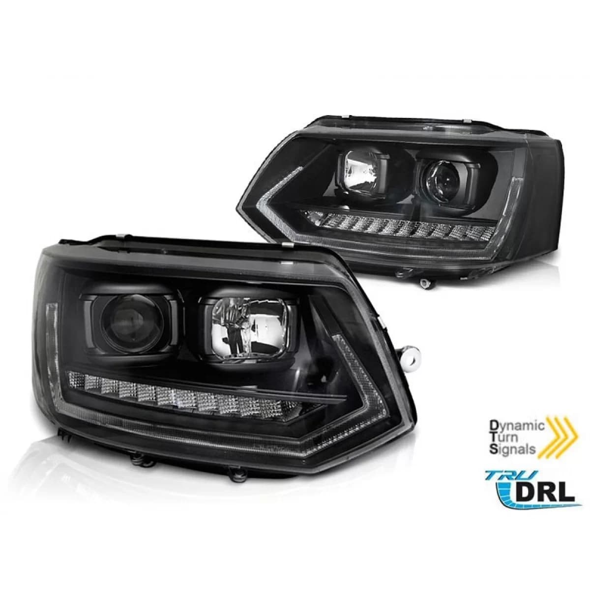Tuning headlight set suitable for VW T5 2010-2015 with chrome base, left and right