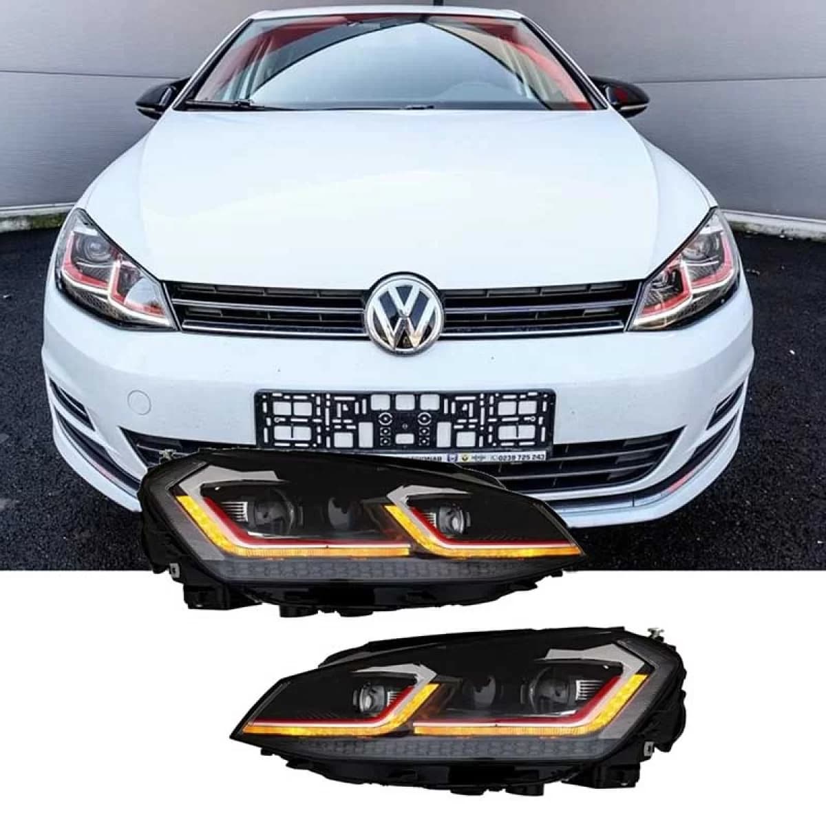 Headlights Set suitable for VW Golf VII (7) 12-17 Look 7.5 GTI Black/Red Line H7 With Motor Carner