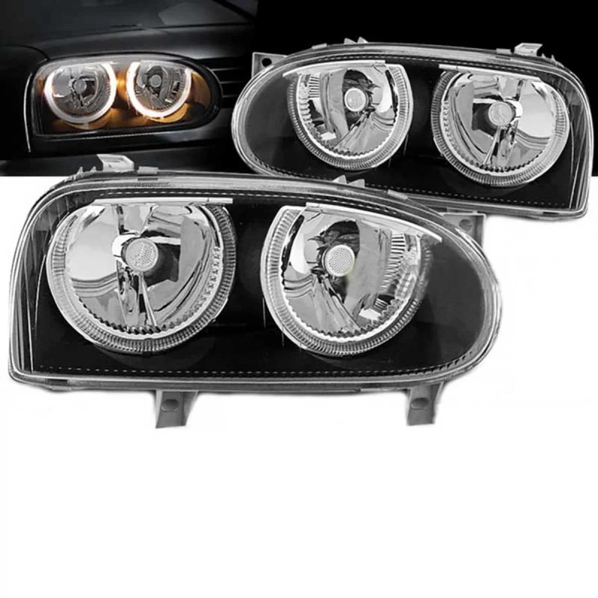 Headlights Set Suitable for VW Golf 3 92-98 Angel Eyes Black H7/H7 Depo