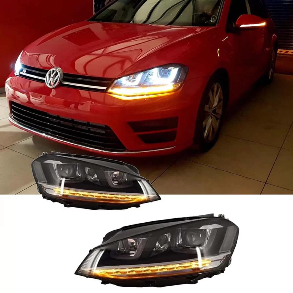 Headlights Set suitable for VW Golf VII (7) 12-17 U-Type DRL & Led Signal Dynamic GTI R-Line Look Black H7/H7 With Motor Carner