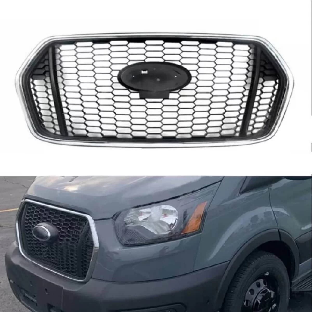 Front Grille suitable for Ford Transit 2020-2022 RS Look Honeycomb Black With Chrome 1pc
