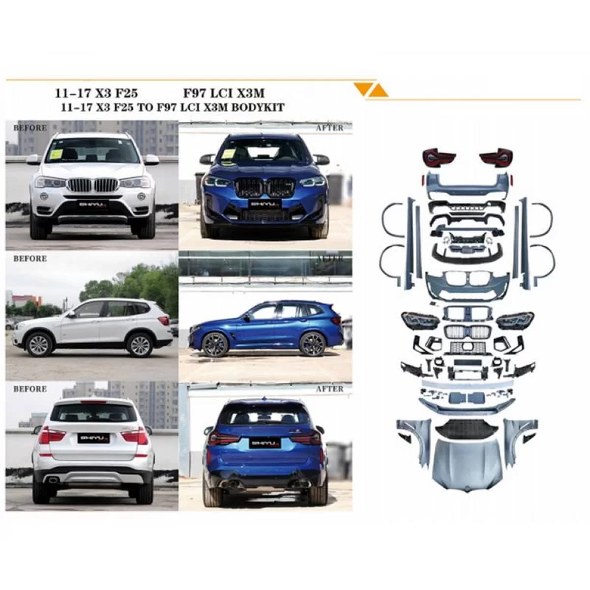 Body Kit suitable for BMW X3 F25 2011-2017 Upgrade to X3M Competition F97 LCI Look with Bumpers, Hood, Fenders, Lights