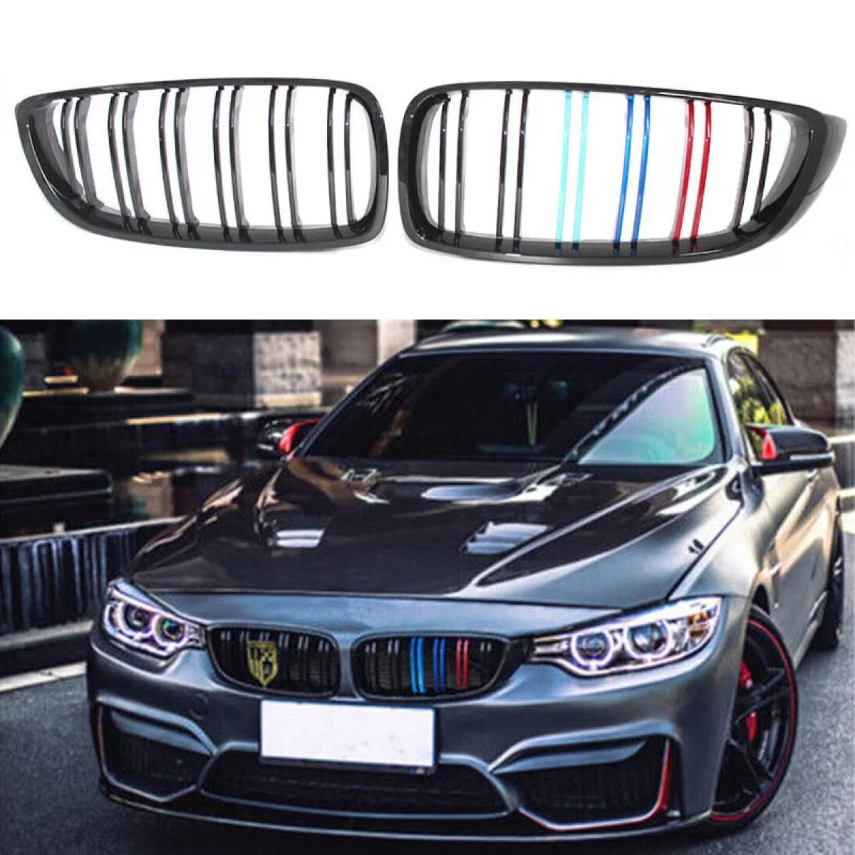 Front Grilles suitable for BMW 4 F32 / F33 / F36 13-20 M4 Look with Double Grille Tri-Color Glossy Black 2pcs