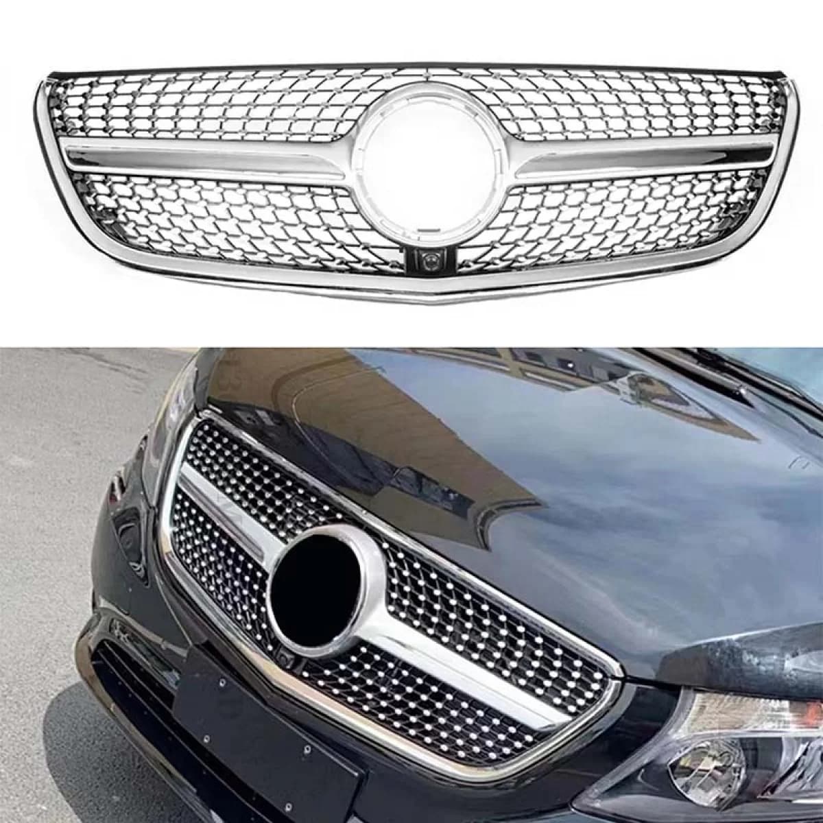 Front Grille suitable for Mercedes-Benz V-Class W447 15-19 Diamond Look Silver/Chrome 1 Pc