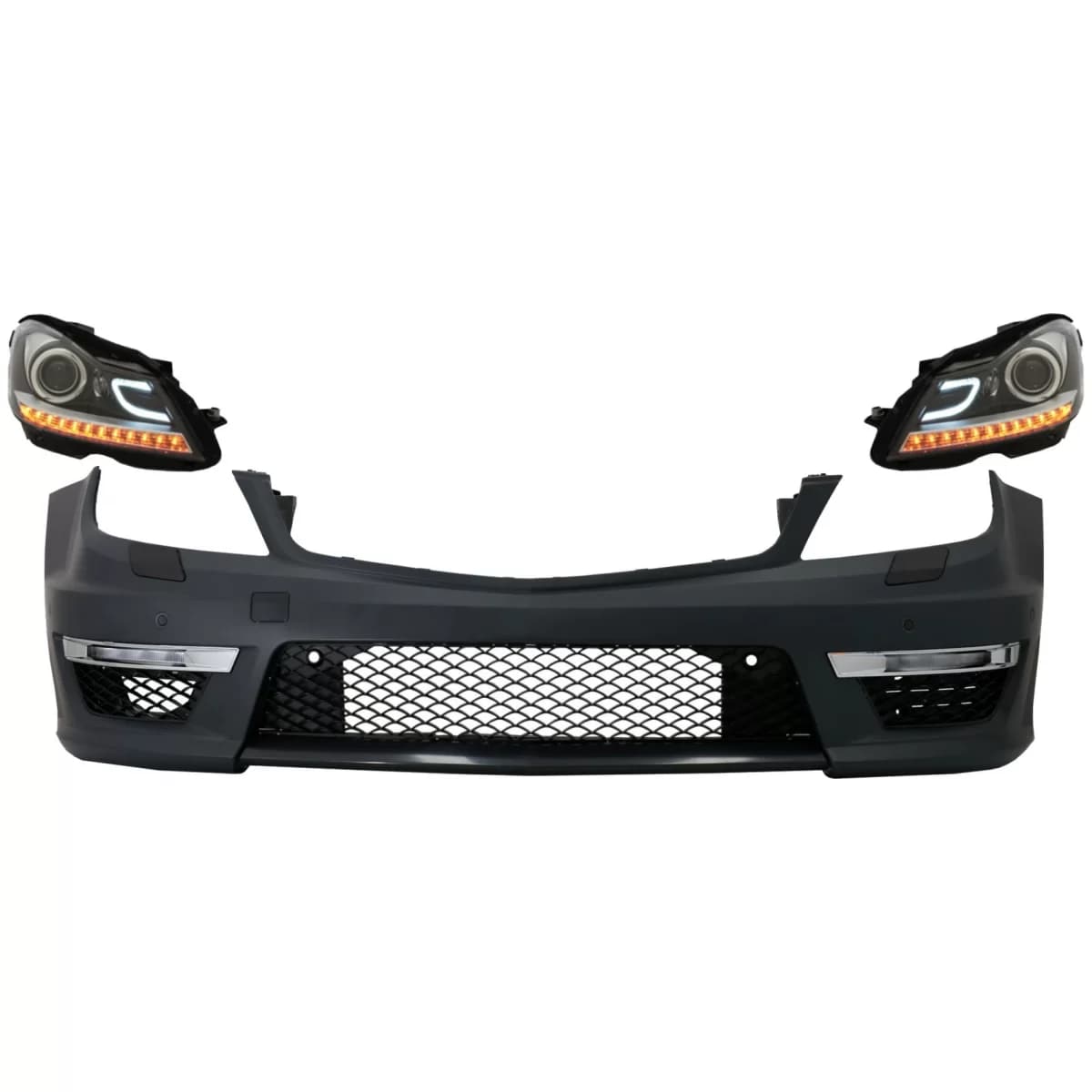 Front Bumper suitable for Mercedes C-Class W204 (2012-2014) C63 Facelift Design with Headlights DRL Black