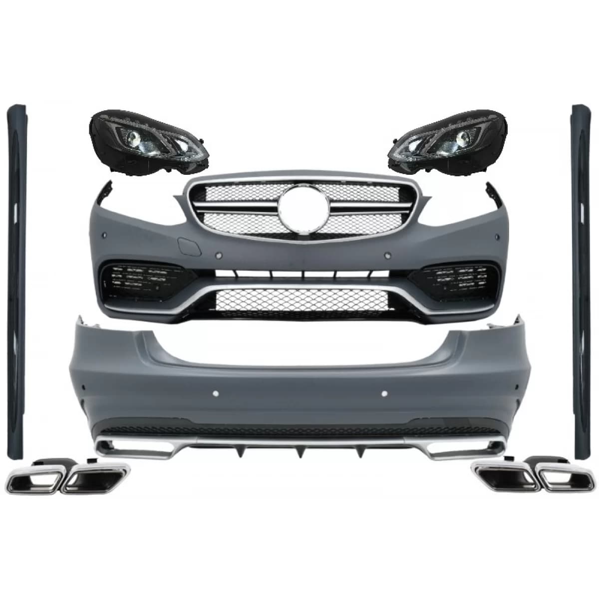 Complete Body Kit with Exhaust Tips and LED Xenon Headlights suitable for Mercedes E-Class W212 (2013-2016) E63 Design