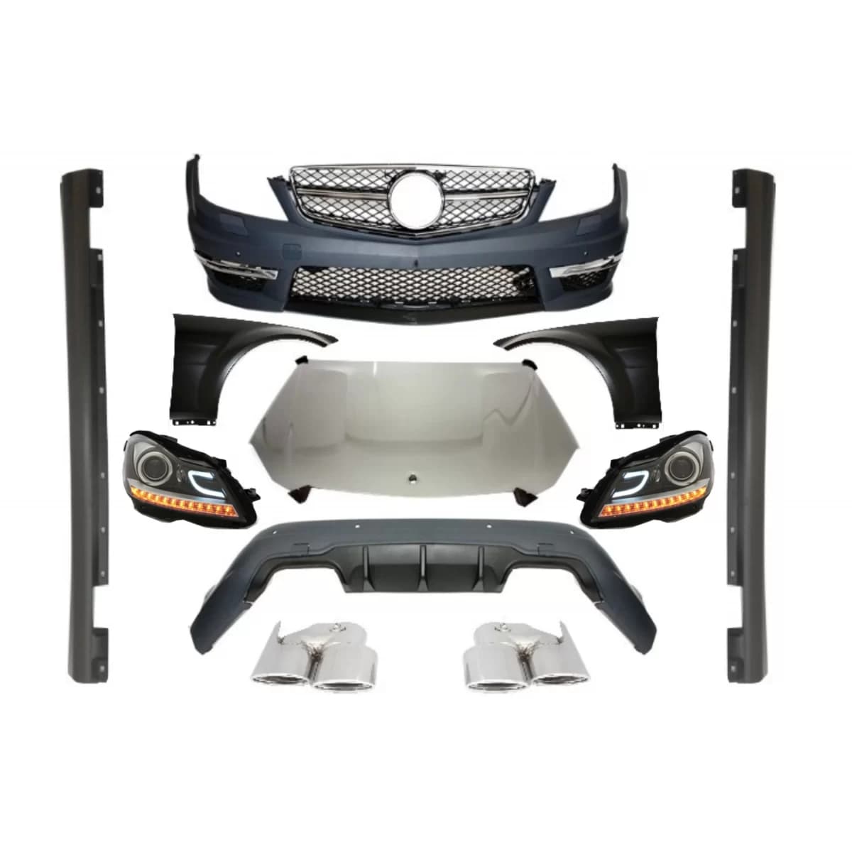 Complete Conversion Retrofit Body Kit with Halogen Headlights LED DRL suitable for Mercedes W204 (2007-2014) C-class Facelift C63 Design
