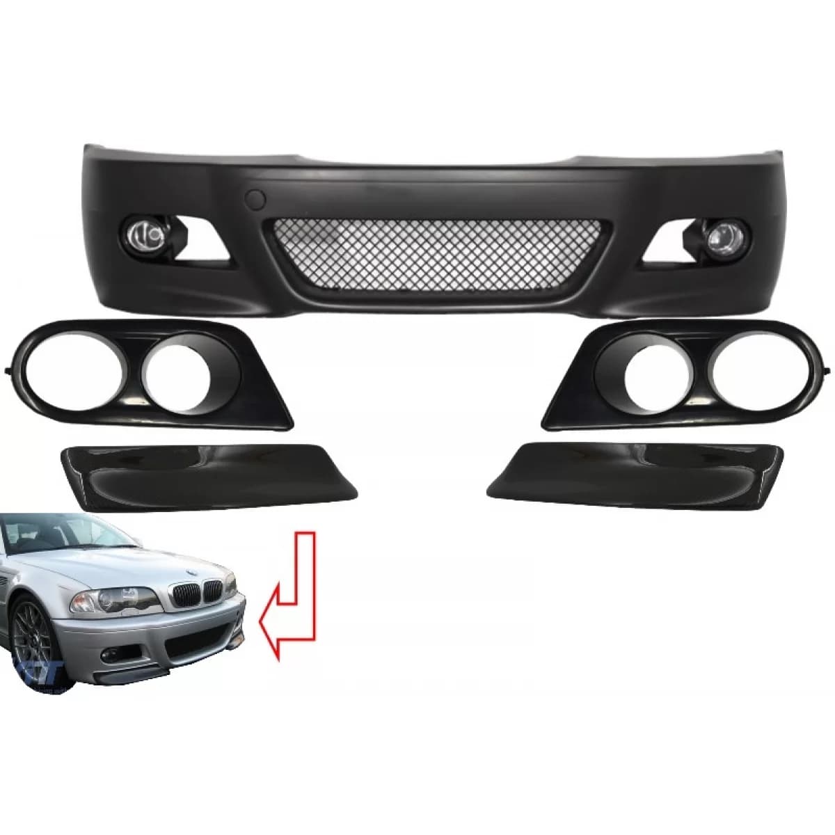 Front Bumper suitable for BMW 3 Series Coupe/Cabrio/Sedan/Estate E46 (1998-2004) M3 Design with Air Ducts Vents and Splitters Carbon CSL Design