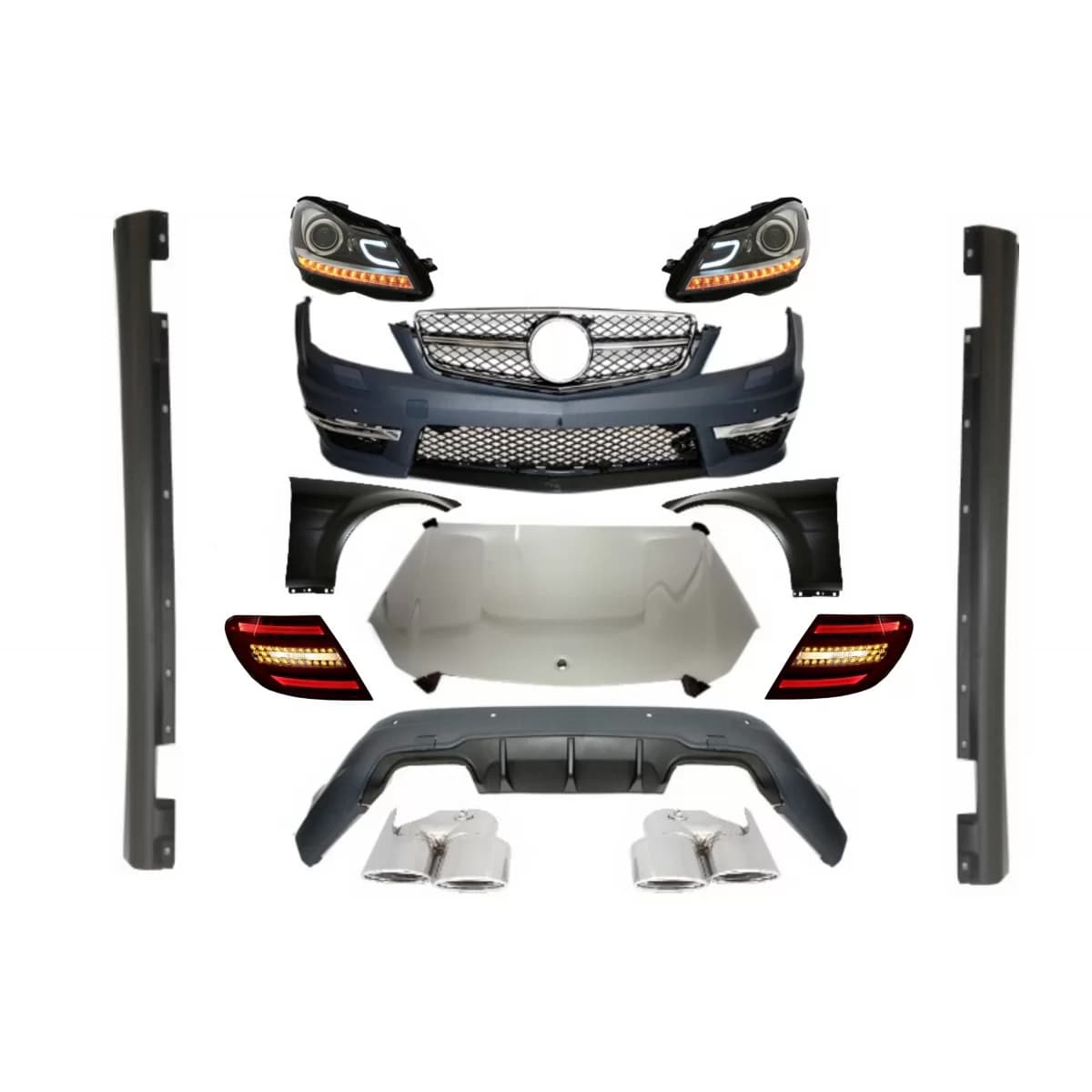 Complete Conversion Retrofit Body Kit with Lights suitable for Mercedes C-Class W204 (2007-2014) Facelift C63 Design