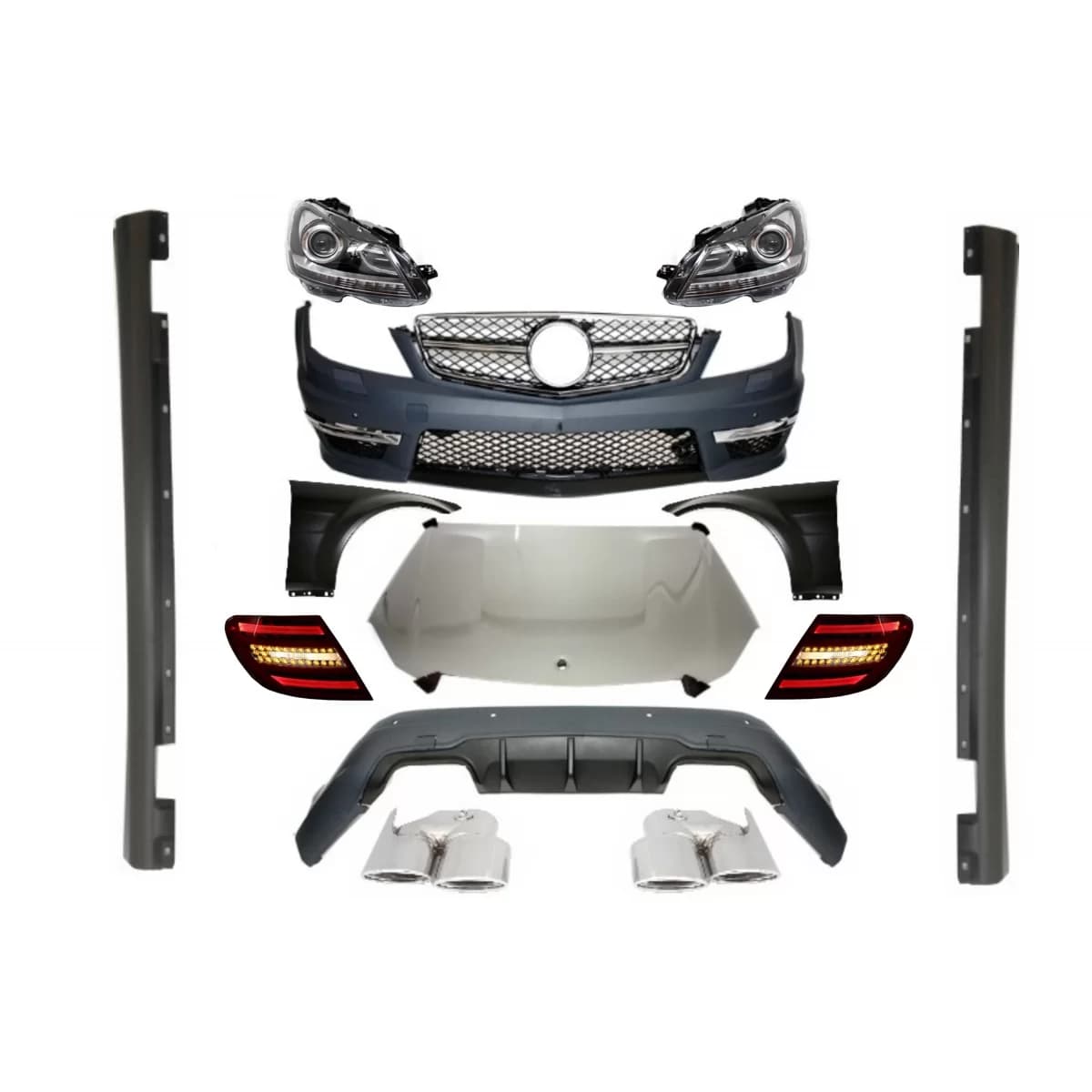 Complete Conversion Retrofit Body Kit Suitable for Mercedes C-class W204 (2007-2012) Facelift C63 Design with Xenon Facelift Headlights and LED Taillights