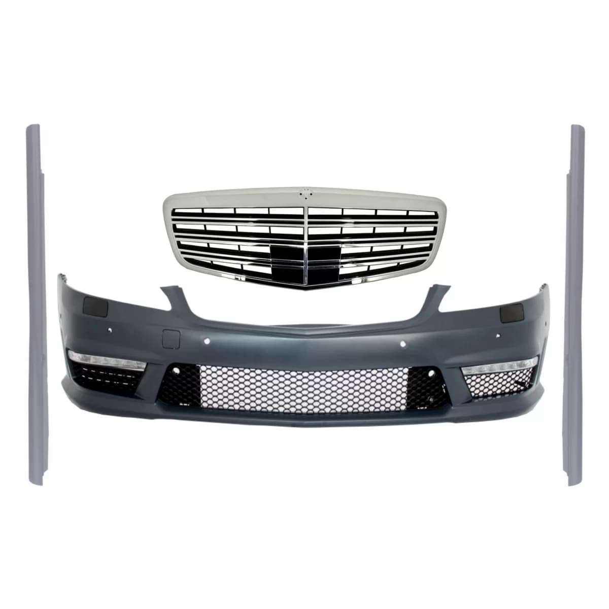 Complete Front Bumper Assembly with Central Grille suitable for Mercedes S-Class W221 (2005-2010) S63 S65 Design and Side Skirts Short Version