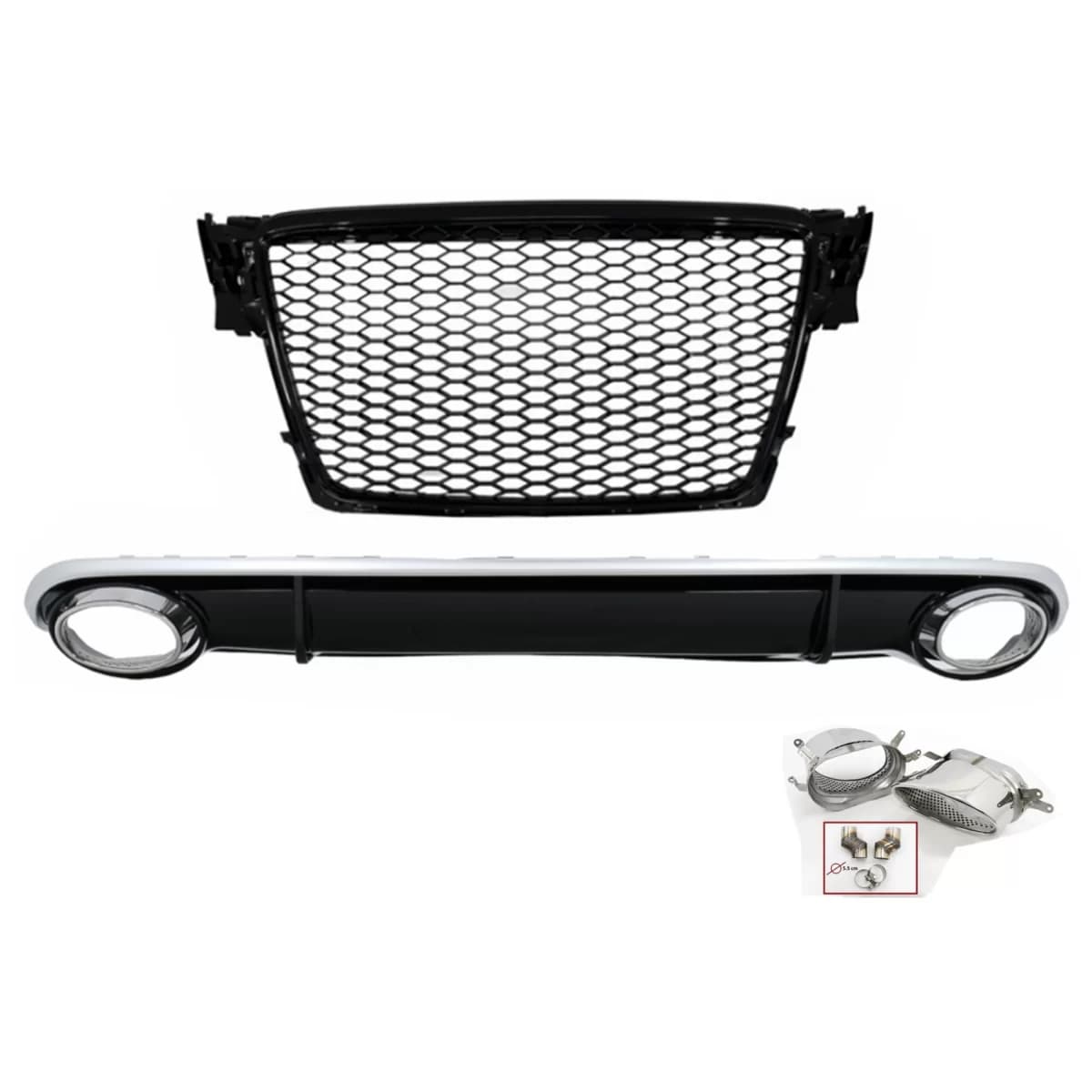 Rear Bumper Diffuser suitable for Audi A4 B8 Limousine Avant Pre Facelift (2007-2011) with Exhaust Tips RS4 Design and Central Grille Piano Black
