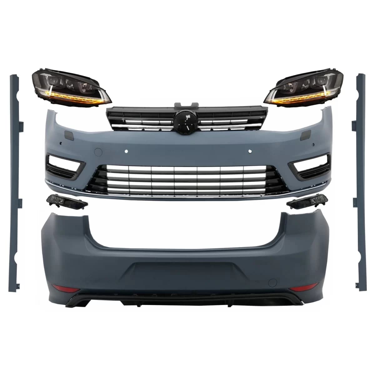 Complete Body Kit suitable for VW Golf 7 VII (2012-2017) R-line Look with Headlights 3D LED DRL Flowing Dynamic Sequential Turning Lights Silver