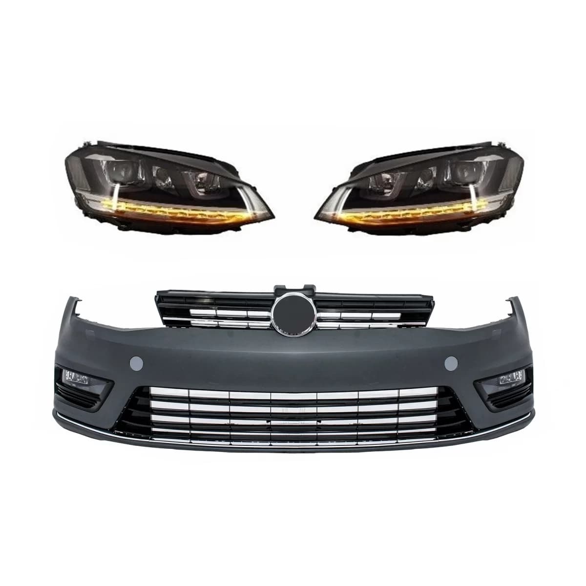 Front Bumper suitable for VW Golf VII 7 (2013-2017) R-line Look with Headlights 3D LED DRL Flowing Dynamic Sequential Turning Lights Silver