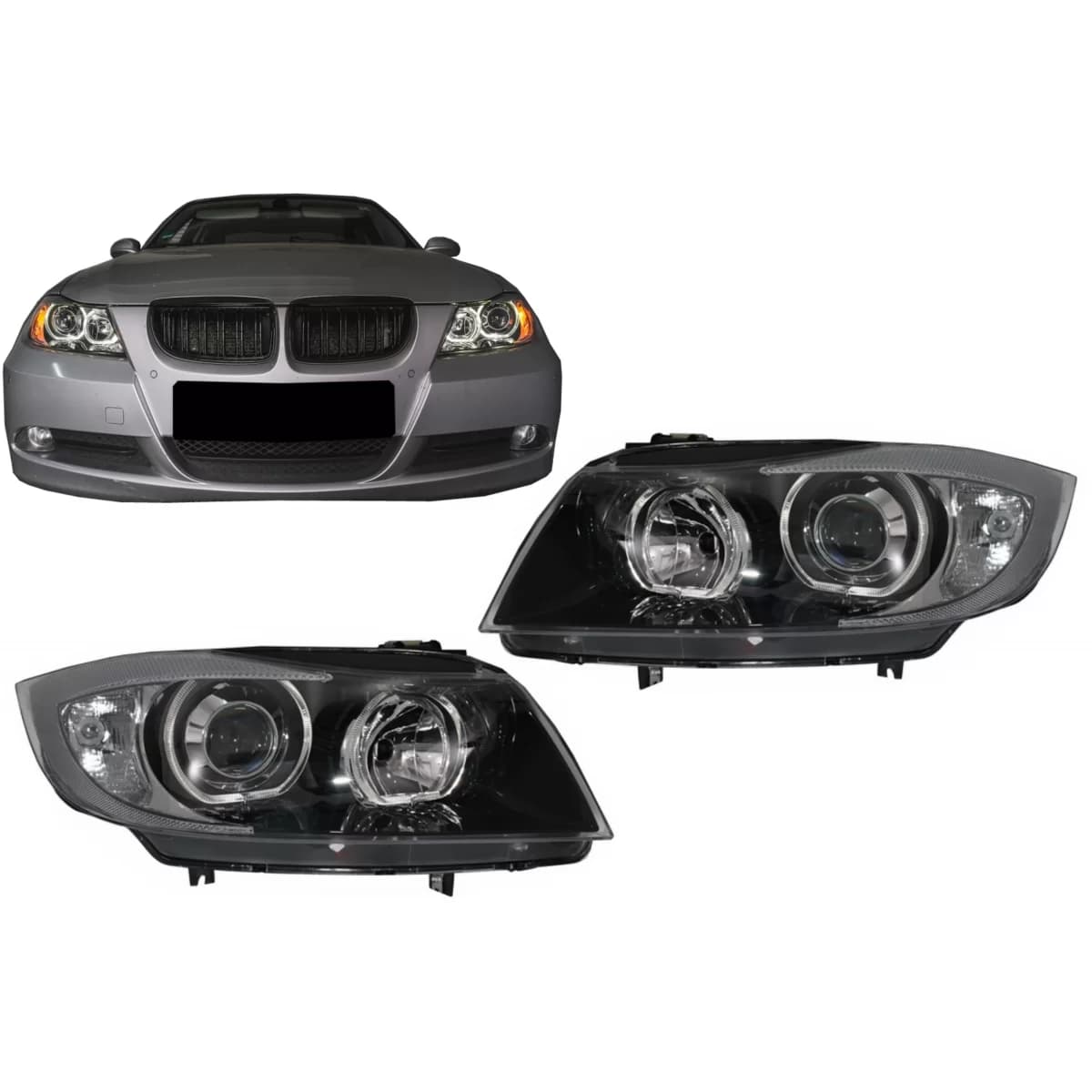 Angel Eyes Headlights suitable for BMW 3 Series E90 Sedan E91 Touring (03.2005-2011) Black