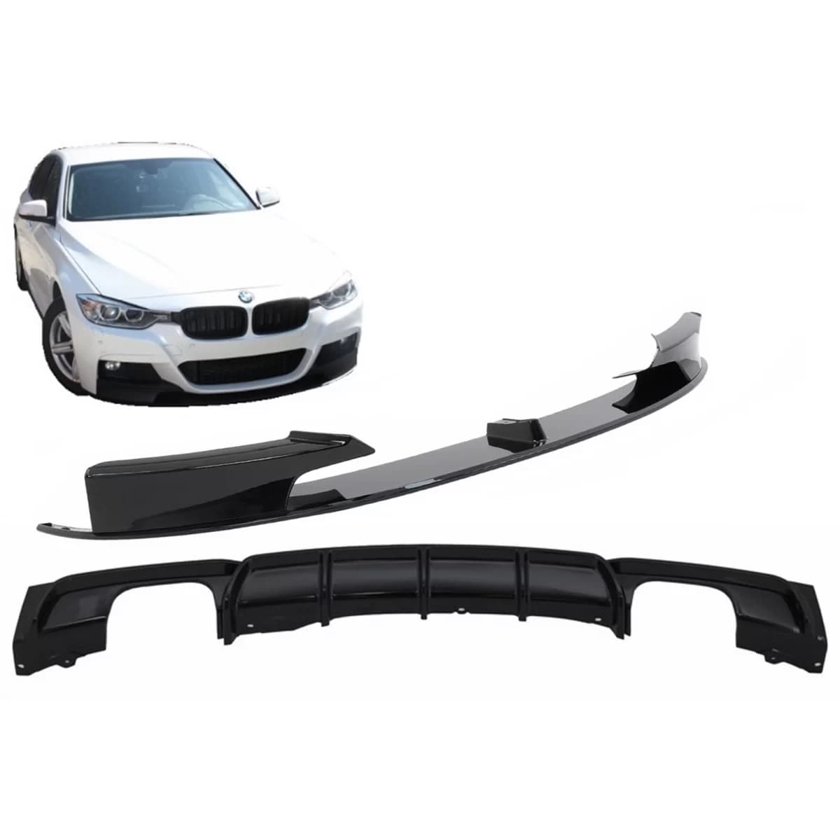 Front Bumper Spoiler with Rear Diffuser suitable for BMW 3 Series F30 F31 (2011-up) M Performance Design Brilliant Black Edition