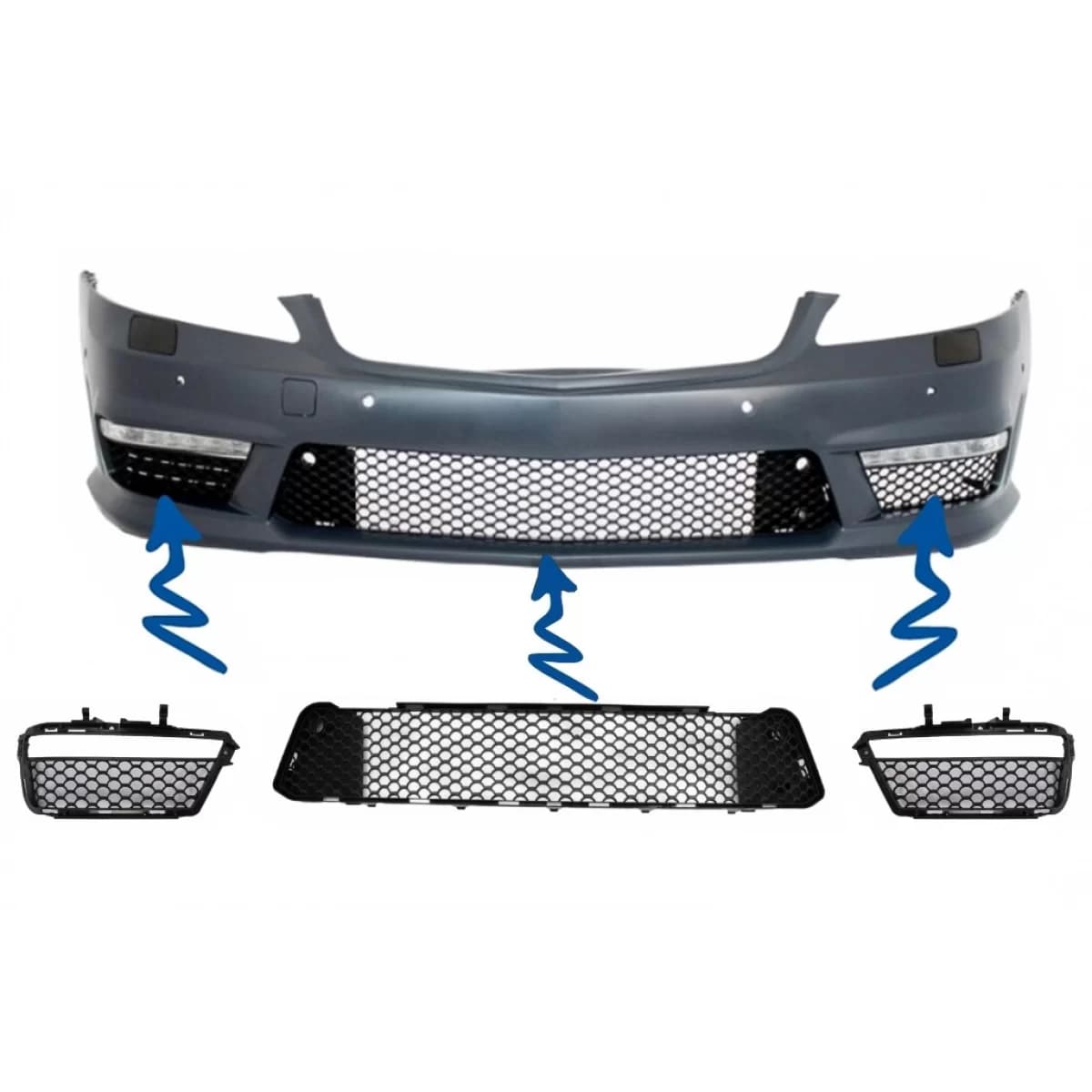 Front Bumper Central-Lower Grille and Side Grilles suitable for Mercedes S-Class W221 (2005-2012) S63 S65 Design