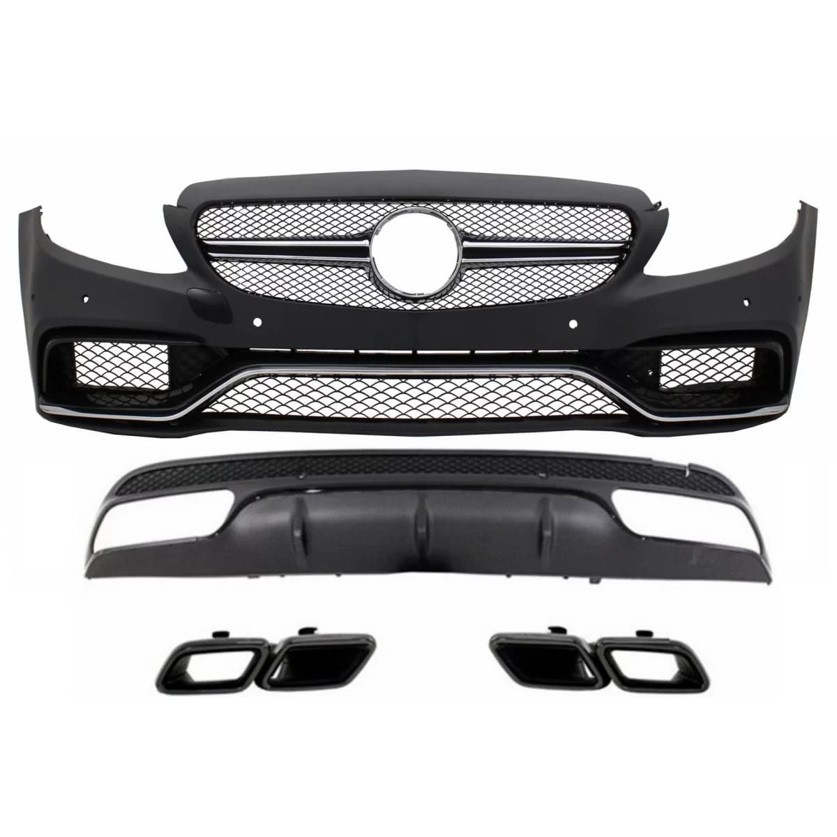 Front Bumper with Rear Diffuser and Exhaust Tips Night Package Black Edition Sport suitable for Mercedes C-Class W205 S205 (2014-2020) C63 Design