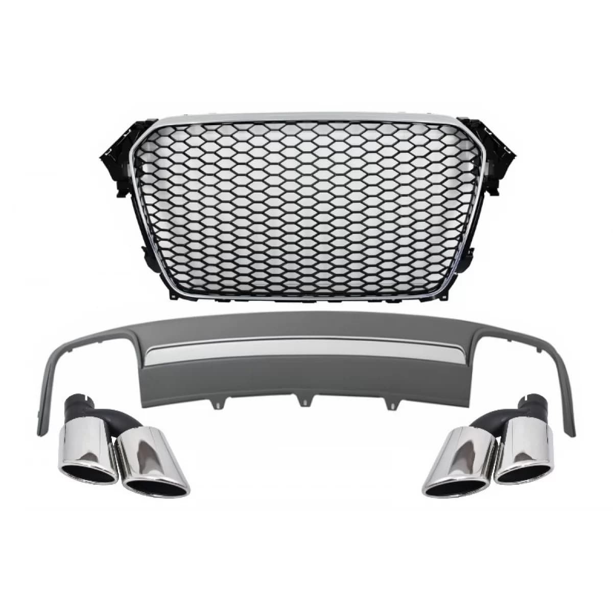 Assembly Central Grille with Rear Bumper Valance Air Diffuser and Muffler Tips suitable for AUDI A4 B8 Facelift (2012-2015) Limousine/Avant RS Design
