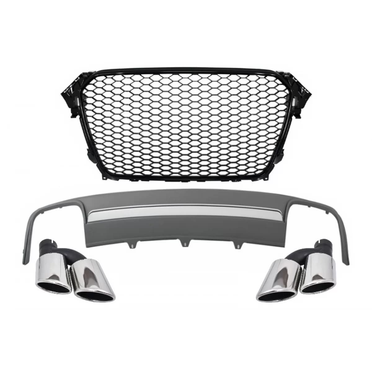Assembly Central Grille with Rear Bumper Valance Air Diffuser and Muffler Tips suitable for Audi A4 B8 Facelift (2012-2015) Limousine Avant RS Design
