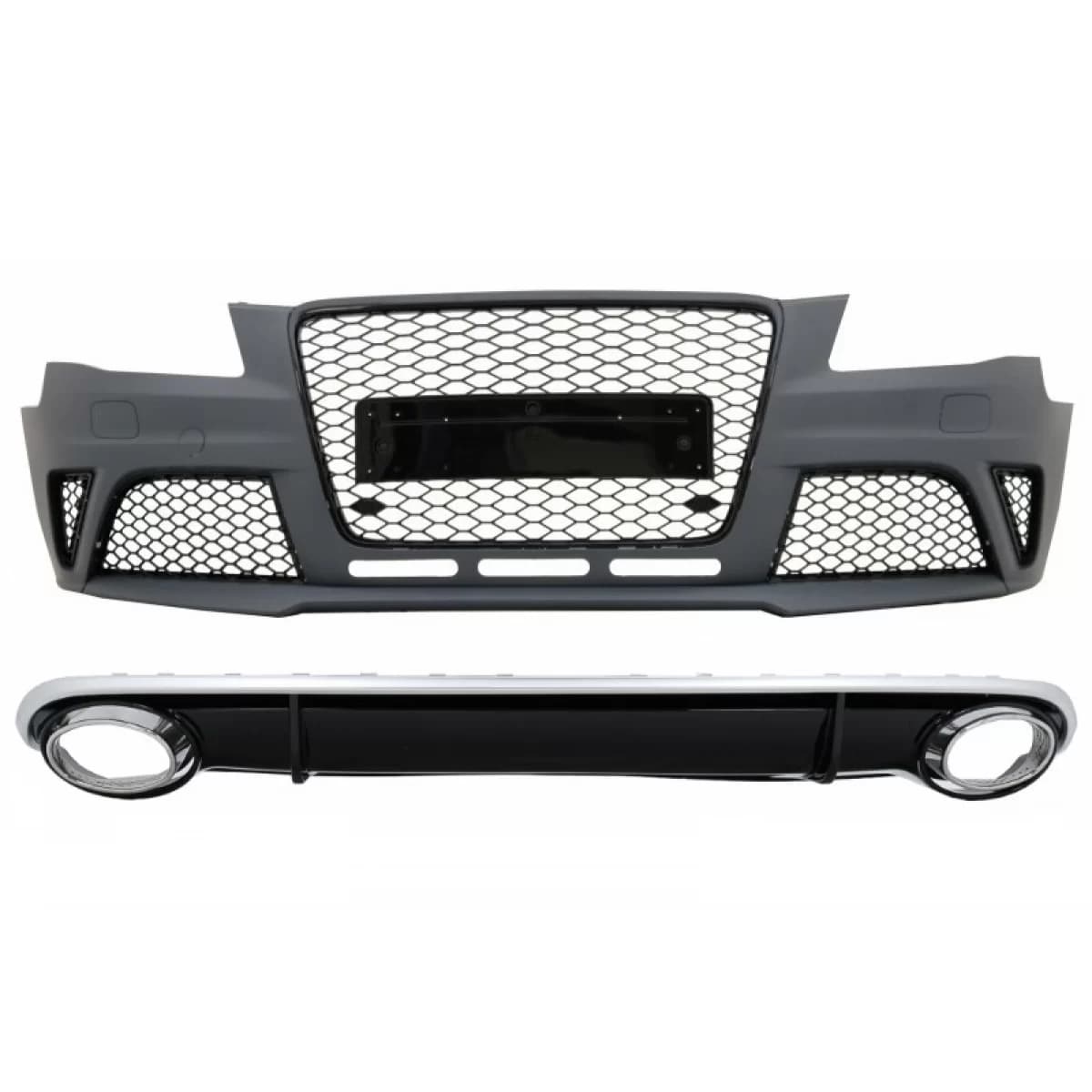 Front Bumper with Rear Bumper Valance Diffuserand Exhaust Tips suitable for Audi A4 B8 Pre-Facelift (2008-2011) RS4 Design
