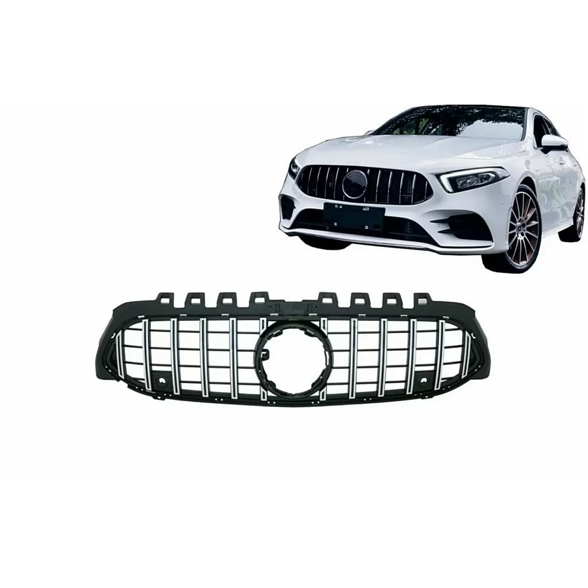 Central Grille suitable for Mercedes A-Class W177 Hatchback V177 Sedan (04.2018-2022) GT-R Panamericana Design Black Chrome