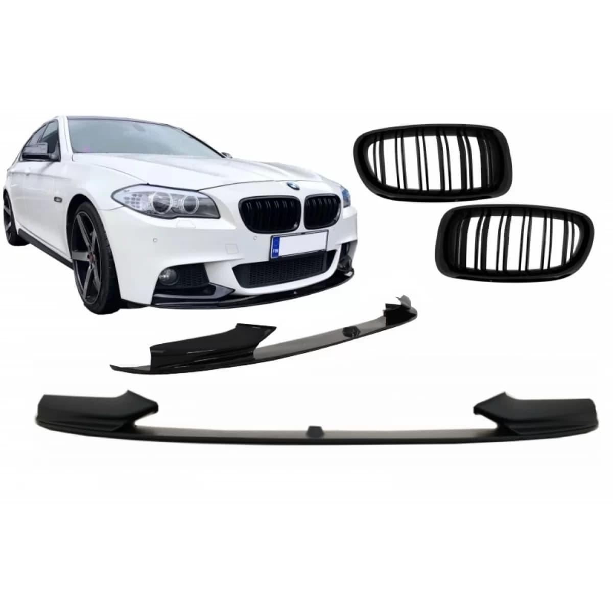 Front Bumper Spoiler Lip suitable for BMW 5 Series F10 F11 Sedan Touring (2011-2017) M-Performance Design With Double Stripe Piano Black Kidney Grille