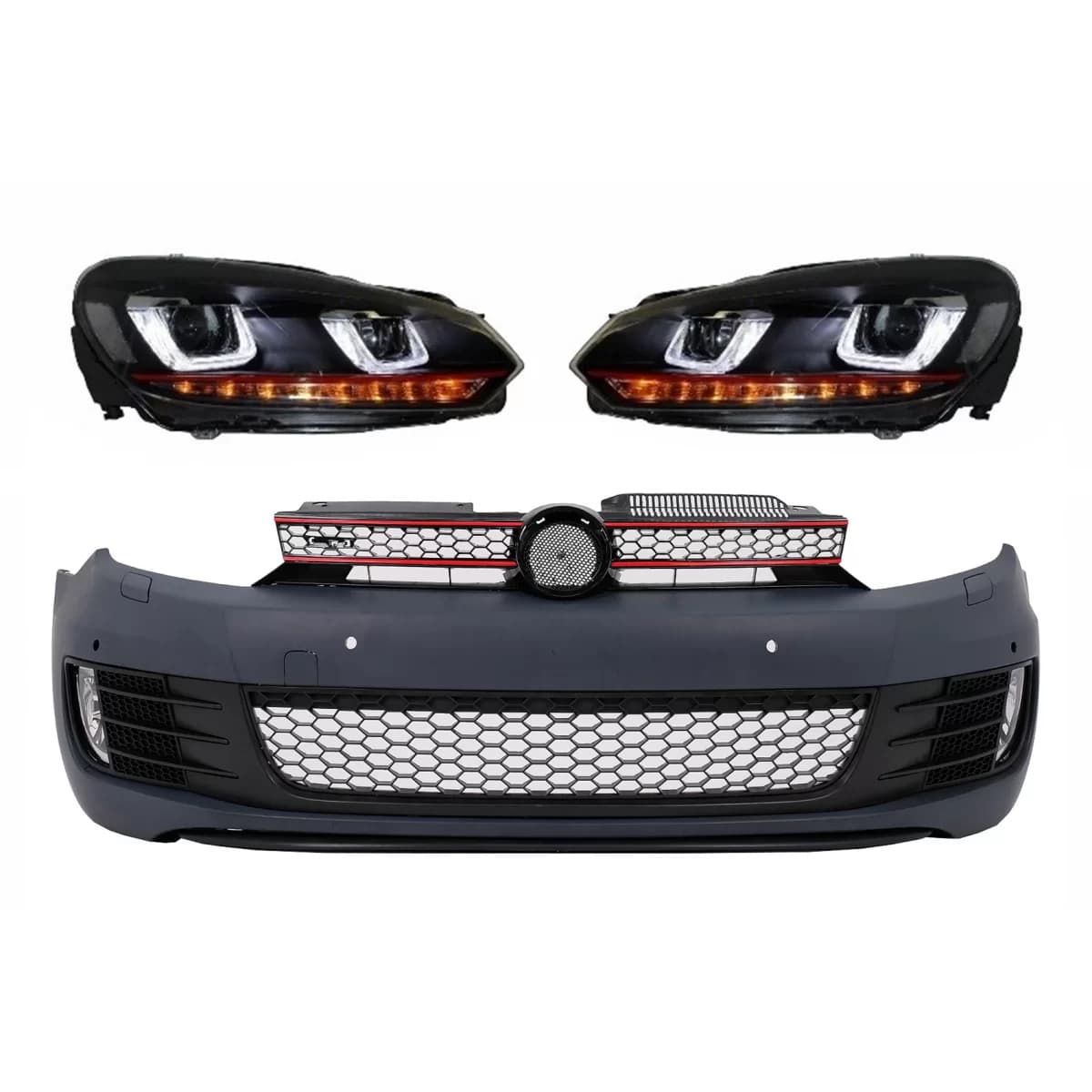 Front Bumper suitable for VW Golf VI 6 (2008-2013) GTI Look with Headlights Golf 7 3D LED DRL U-Design LED Flowing Turning Light Red Stripe GTI RHD