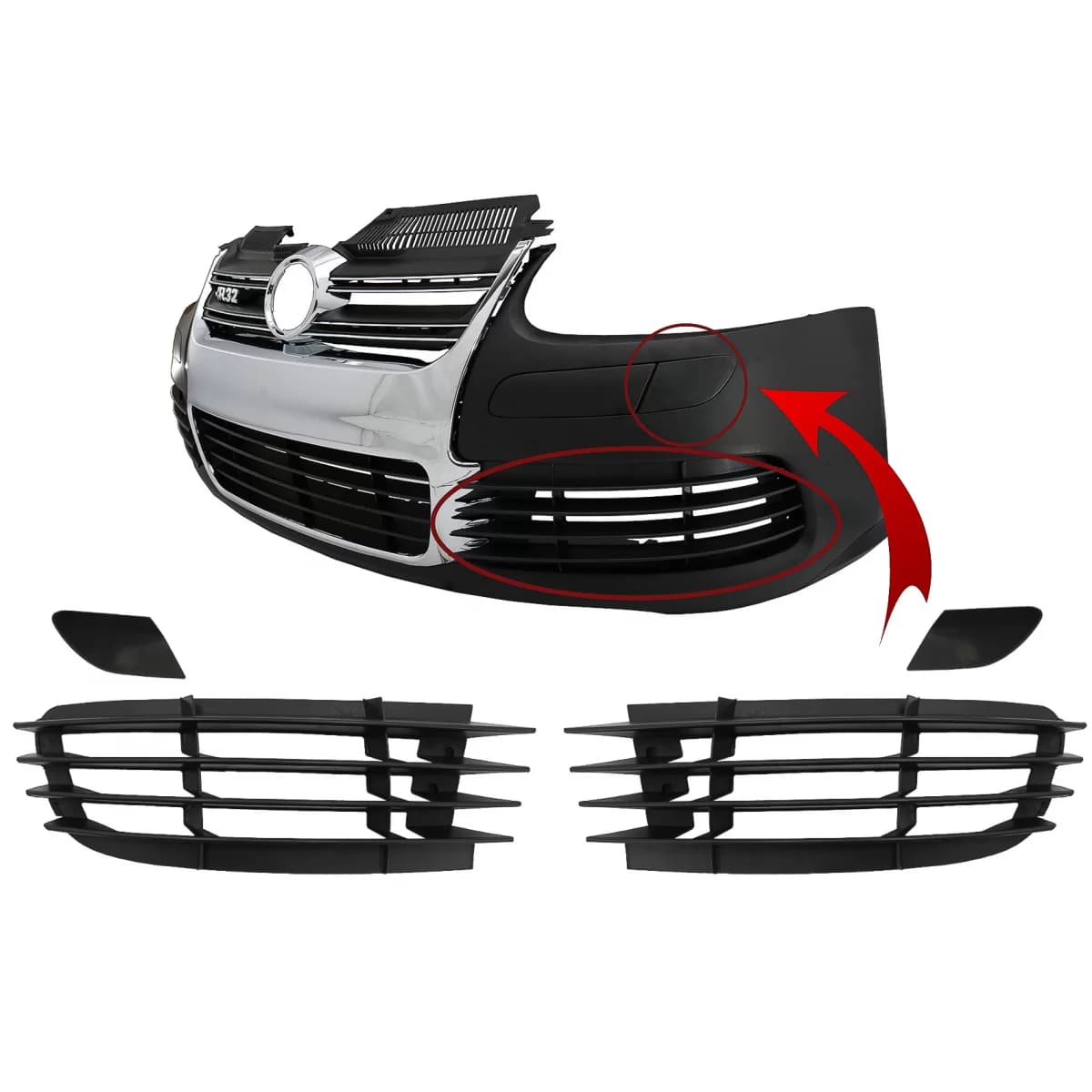 Front Bumper Parts Side grills and Headlights Washer Covers suitable for VW Golf V 5 (2003-2007) Jetta (2005-2010) R32 Look