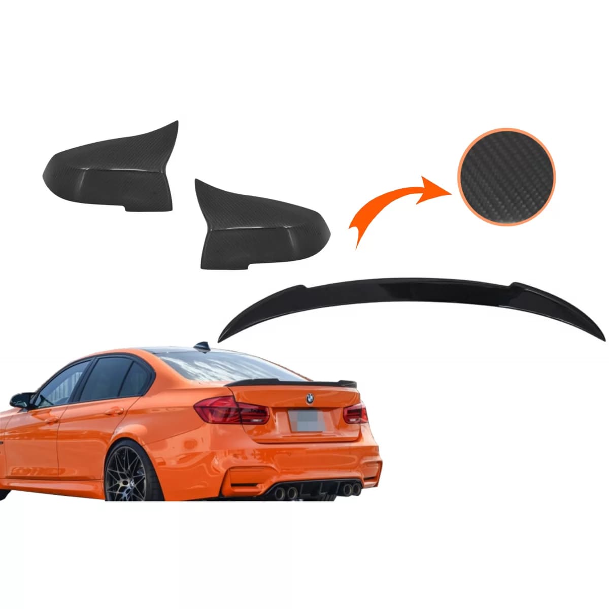 Kit Mirror Covers and Trunk Spoiler suitable for BMW 3 Series F30 (2011-2018) M4 Design Real Carbon