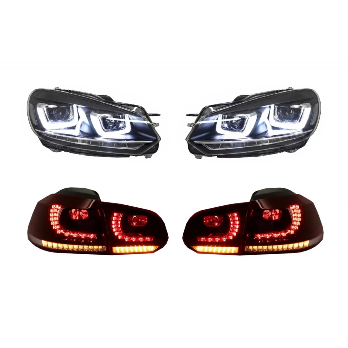 Headlights Chrome and Taillights Cherry Red Full LED suitable for VW Golf 6 VI (2008-2013) R20 U Design Dynamic Sequential Turning Light LHD