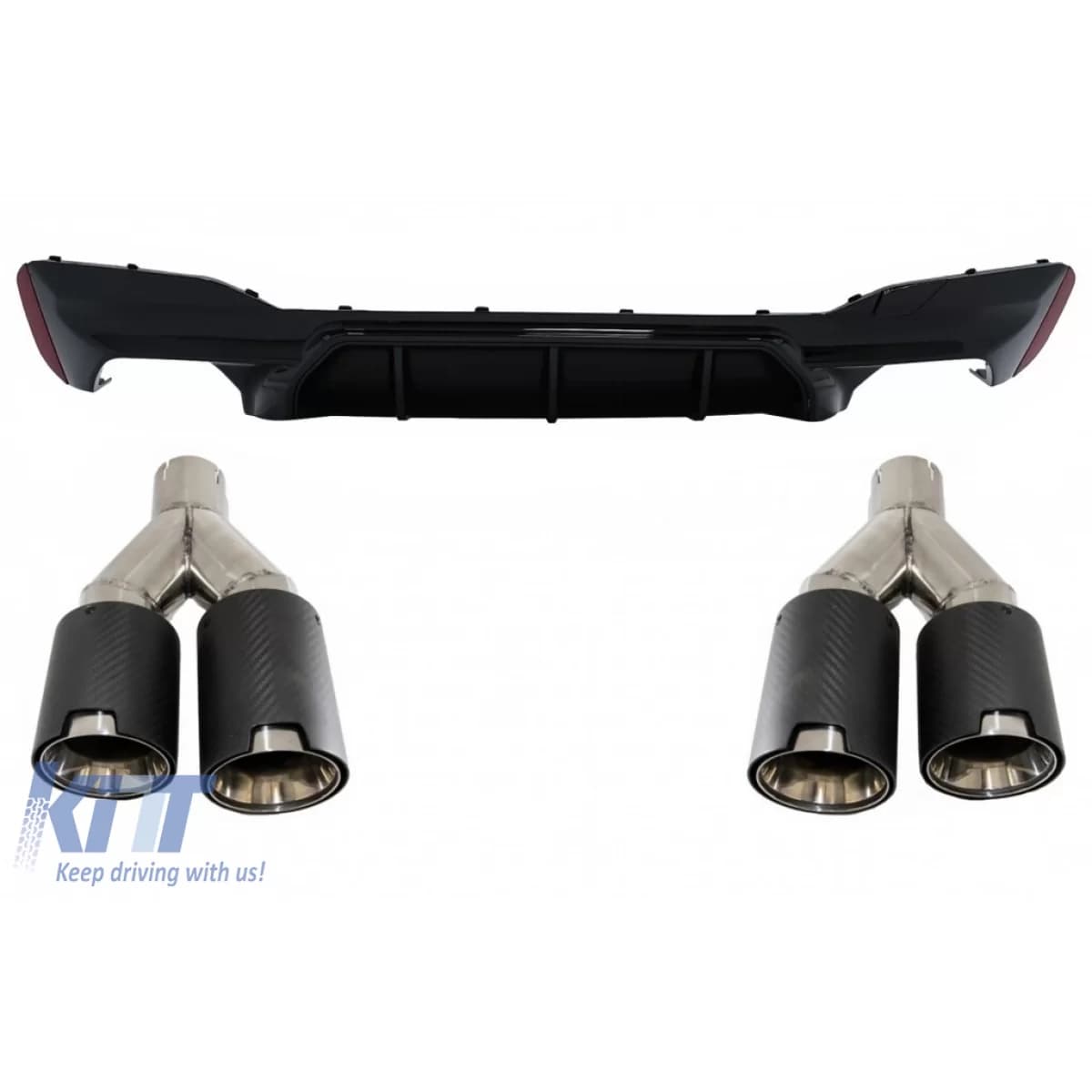 Rear Bumper Diffuser with Carbon Twin Exhaust Muffler Tips 6.8cm/2.67inch suitable for BMW 5 Series G30 G31 (2017-up) M5 Design Piano Black