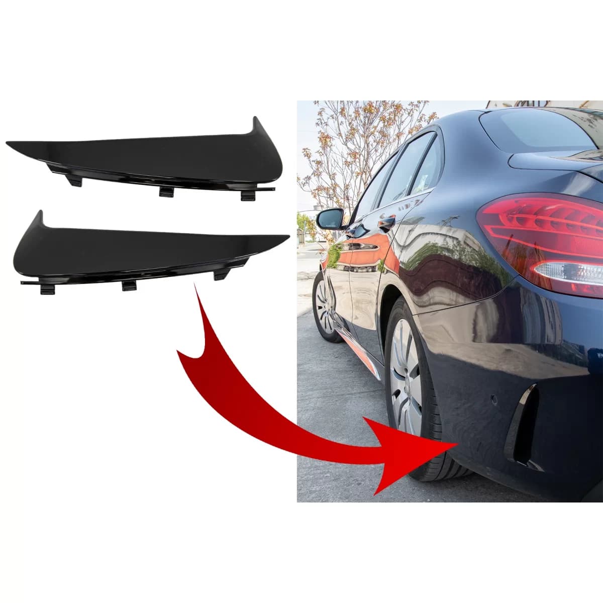 Rear Bumper Flaps Side Fins Flics suitable for Mercedes C-Class W205 (2014-2020) Piano Black