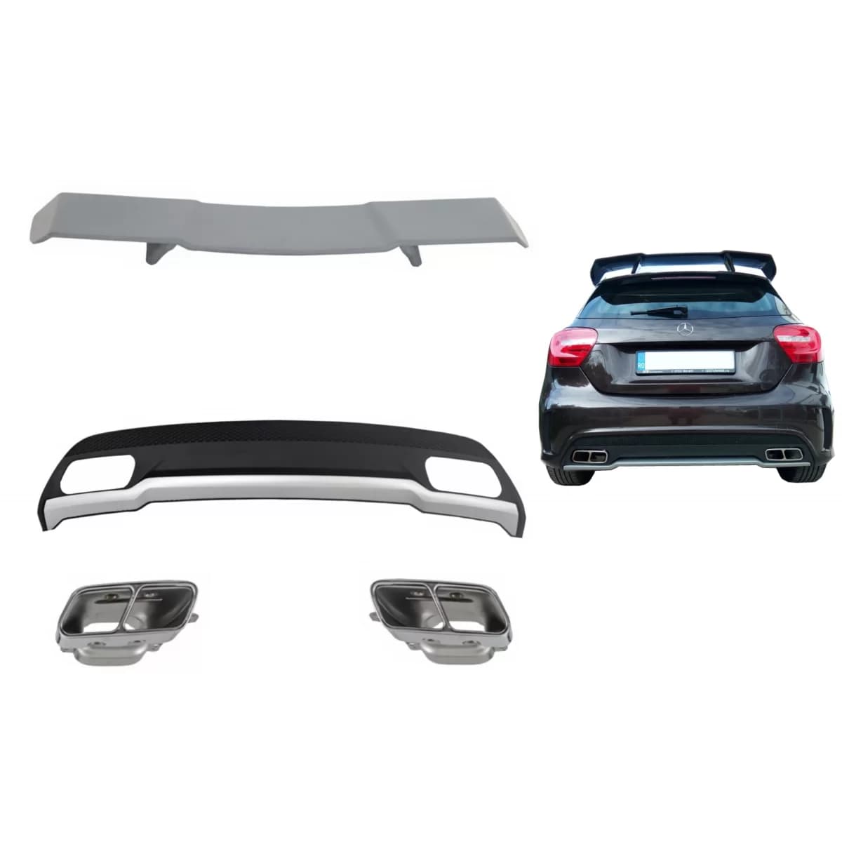 Rear Diffuser with Exhaust Tips Tailpipe & Trunk Spoiler for MERCEDES A-Class W176 (2012-2018) Sport Pack