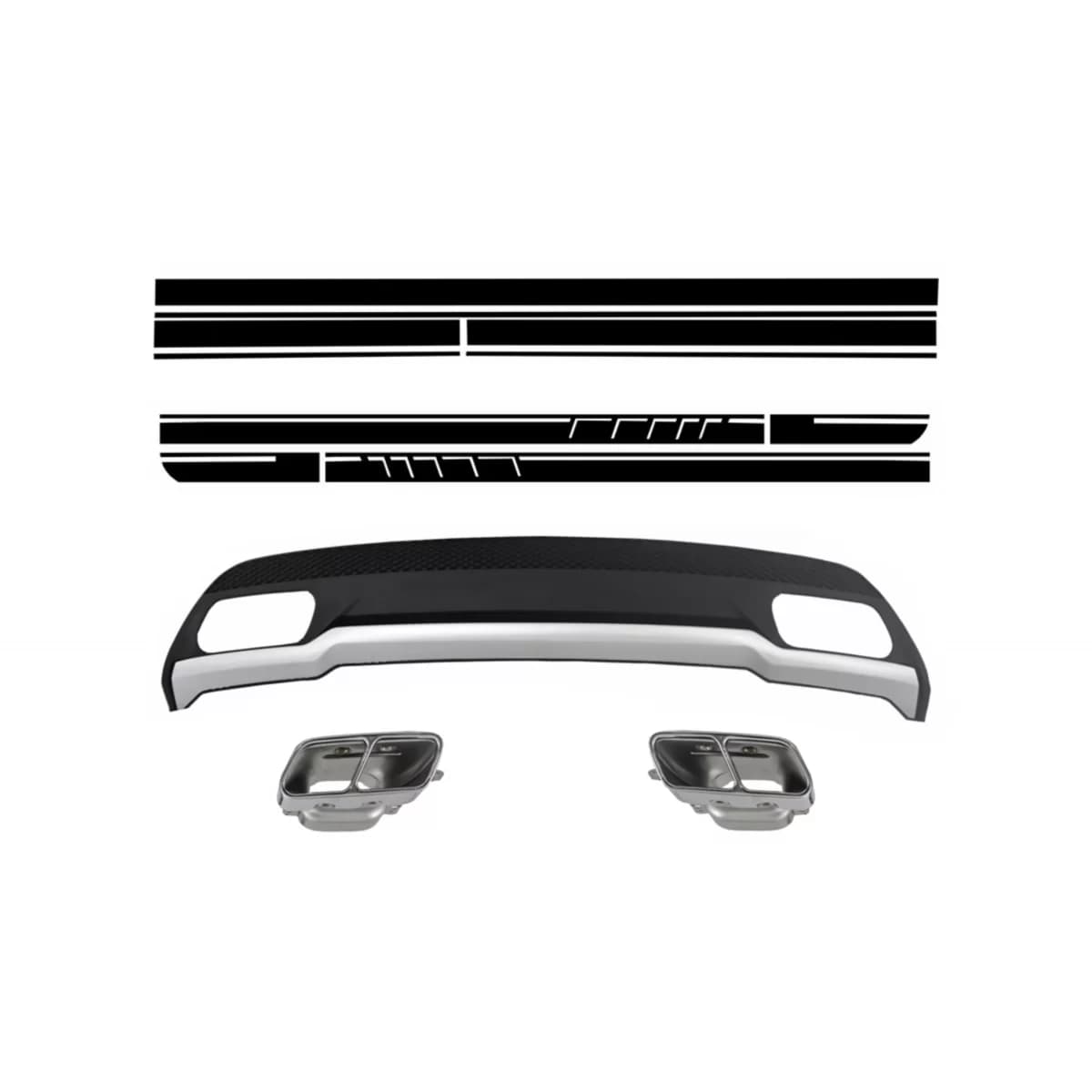 Rear Bumper Air Diffuser with Exhaust Tips and Stickers Black for Mercedes A-Class W176 (2012-2018) Sport Pack