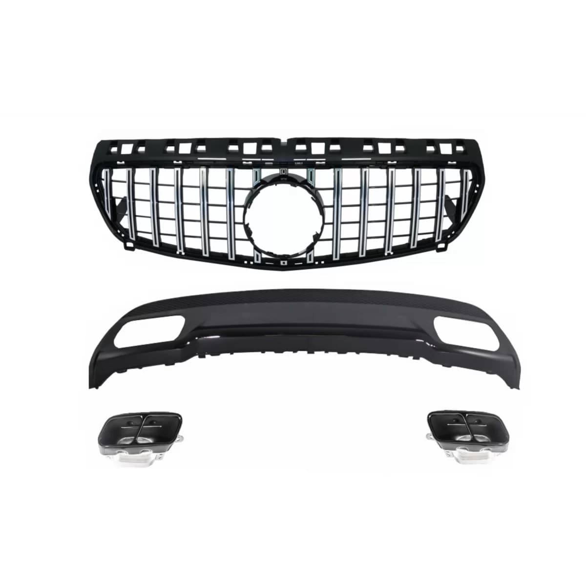 Rear Bumper Air Diffuser with Exhaust Tips Tailpipe suitable for Mercedes A-Class W176 (2012-up) and Central Grille GT-R Panamericana Design Sport Pack