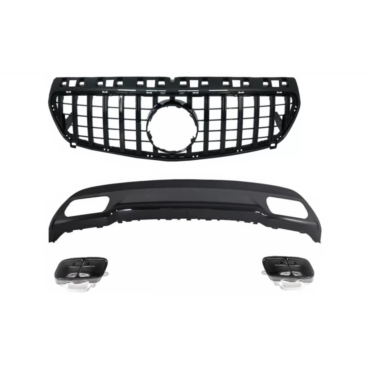 Sport Pack Rear Diffuser with Exhaust Tips Tailpipe Suitable for Mercedes A-Class W176 (2012-up) with Central Grille GT-R Panamericana Design All Black