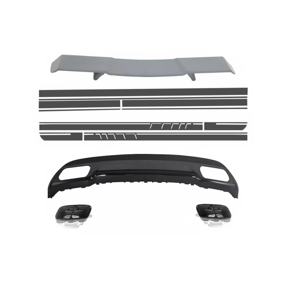 Trunk Spoiler Diffuser Exhaust Tips suitable for MERCEDES W176 A-Class 2012+ A-Design with Side Decals Sticker Vinyl Dark Grey