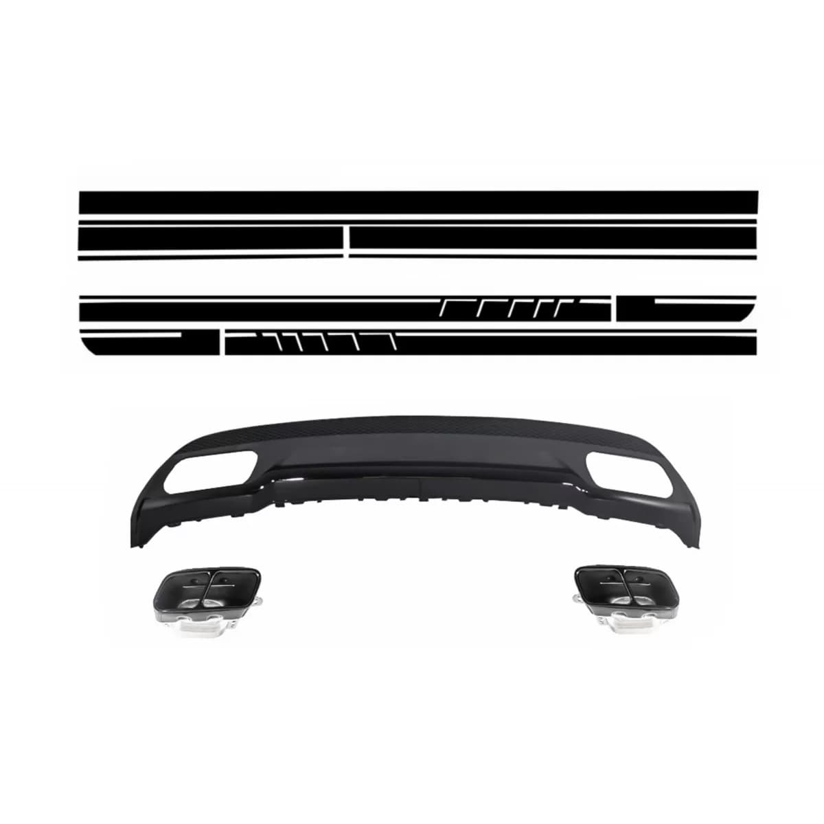 Rear Diffuser and Exhaust Tips Tailpipe Package Black for Mercedes A-Class W176 (2012-up) with Side Decals Sticker Vinyl Matte Black
