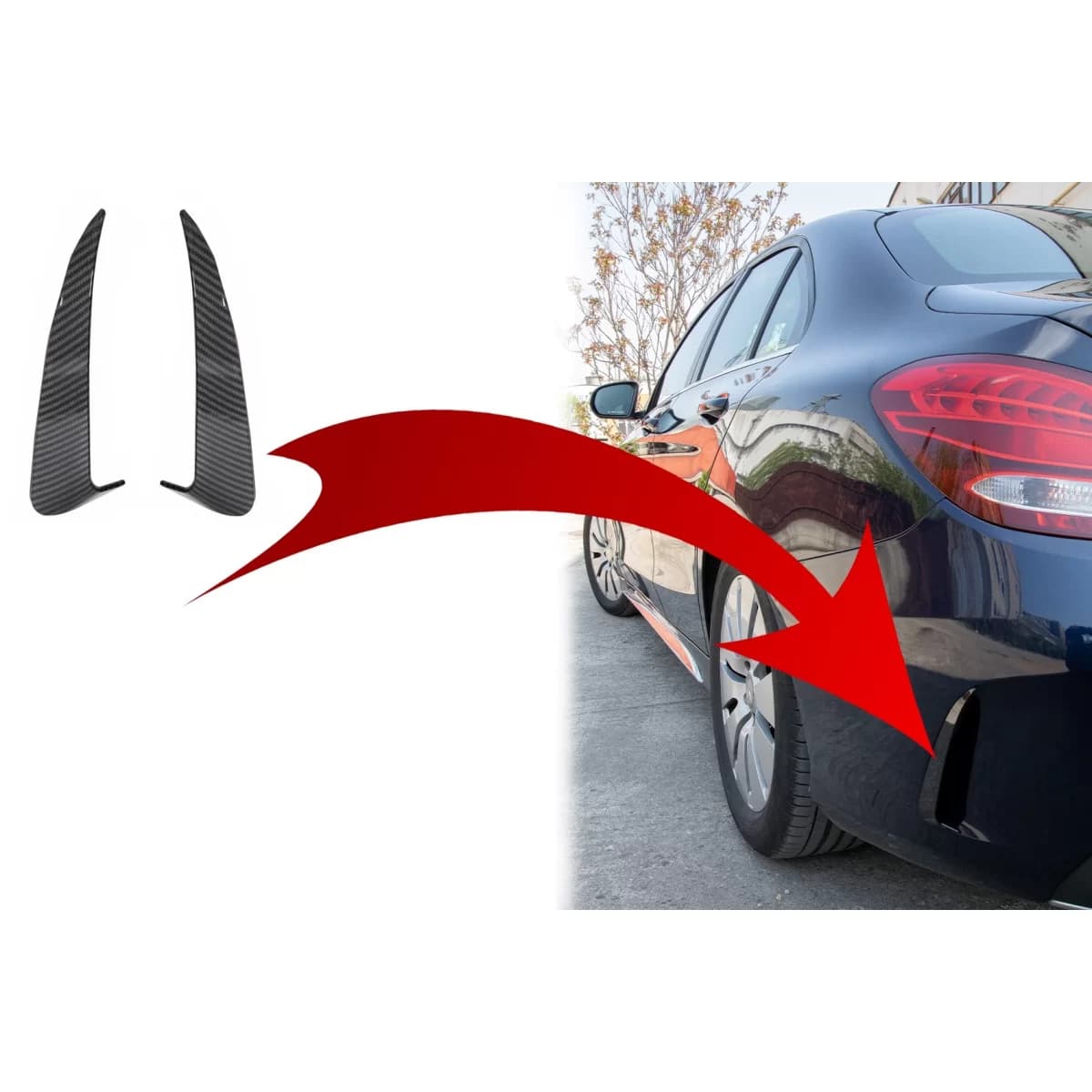 Rear Bumper Flaps Side Fins Flics suitable for Mercedes C Class W205 (2014-2020) Carbon Film