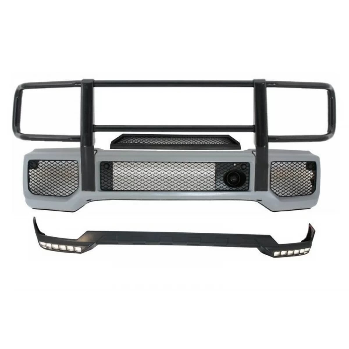 Front Bumper with BullBar Upper Spoiler Lip LED DRL Extension suitable for Mercedes G-Class W463 (1989-2018) G65 Design