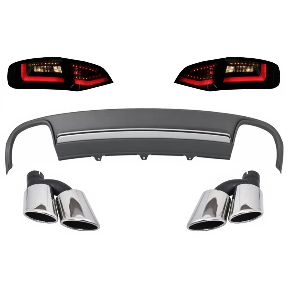 Rear Bumper Valance Air Diffuser and Exhaust Muffler Tips with LED Taillights Dynamic Black/Smoke suitable for AUDI A4 B8 8K Pre Facelift Avant 2008-2011 S4 Design