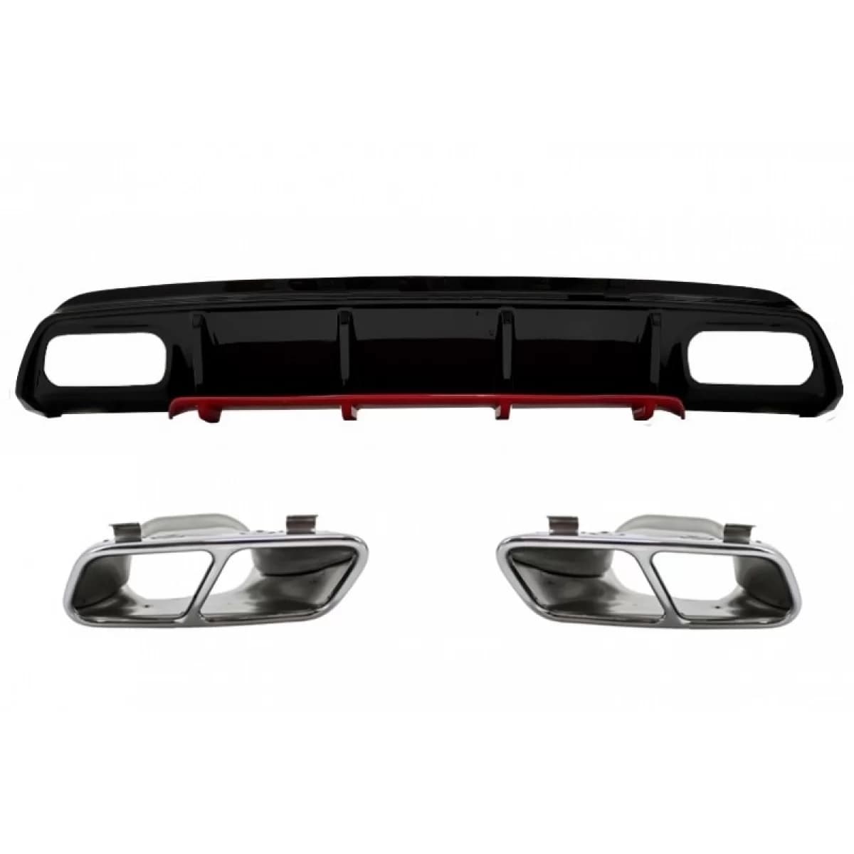 Rear Bumper Valance Diffuser with Exhaust Muffler Tips Chrome suitable for Mercedes A-Class W176 Facelift (2015-2018) A45 Design Red Edition
