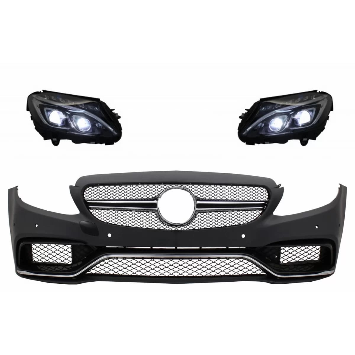 Front Bumper suitable for Mercedes C-Class W205 S205 (2014-2018) Limousine T-Model with Full LED Headlights Conversion Upgrade for Halogen LHD